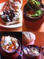 a collage of four pictures of different dishes of food at Les Pastels in La Roche-sur-Yon