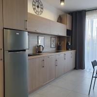 Kuchyňa alebo kuchynka v ubytovaní Q Apart AMBER - klimatyzowane STUDIO przy Manufakturze z garażem Gratis, FV