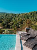 a pool with lounge chairs and a view of a mountain at Le Petit Rossignol in Apt