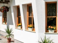 a white building with windows with potted plants in them at Apartment Poldi by Interhome in Haus im Ennstal