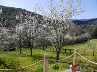 a fence with white flowering trees in a field at Le Chalet in Prémian