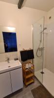 a bathroom with a shower and a sink and a mirror at Charmant logement avec parking in Orvault