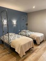 two beds in a room with blue walls at Gite l ORIGINE in Ornans