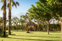 a park with palm trees and a cabin in the distance at Hotel Rural Xereca in Puig D’en Valls