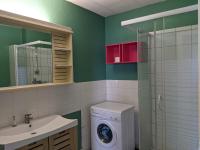 a green bathroom with a washing machine and a sink at Saint-Etienne Appart&#39;hôtel de Bellevue in Saint-Étienne