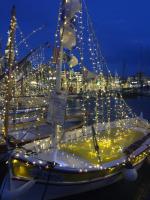 a boat covered in christmas lights in a harbor at T3 Saint Cyr sur Mer 83270 in Saint-Cyr-sur-Mer