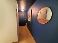 a hallway with a mirror and a blue wall at Standing appartement avec vue sur la Mayenne in Laval