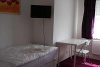 a bedroom with a bed and a table and a television at Hotel-Pension Alt-Heidenberg in Siegen