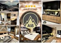 a collage of photos of a hotel with aania logo at Lux Apartman A18 &amp; SPA Centar in Kopaonik
