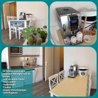 a collage of three pictures of a kitchen and a room at Le charmant des Sables Blancs in Douarnenez