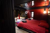 a red bedroom with a bed and a bath tub at Capsule Secret - Jacuzzi - Netflix &amp; Home cinéma - Jeux de couple - Barre de pole dance in Valenciennes