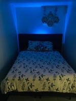 a blue bedroom with a bed with a bedspread and a blue ceiling at Appartement cosy proche Roissy CDG Astérix DisneyLand Paris in Goussainville