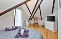 a bedroom with a bed with purple blankets and a tv at 3 Bedroom Nice Home In Rukljevina in Gornja Poljana