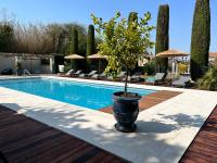 a potted tree in a pot next to a swimming pool at Résidence Les Sources in Saint-Rémy-de-Provence