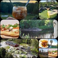 a collage of pictures of different places and a drink at Lufta Camping & Restaurang in Ånäset