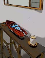 a painting of a boat on a table with a cup at appartement carqueiranne le port in Carqueiranne