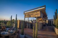 um restaurante com mesas e cactos em um deck em Hotel Amatte San Miguel de Allende em San Miguel de Allende