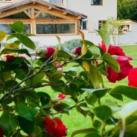 a bush with red roses in front of a house at Au Temps Suspendu in Saint-Martin-dʼOydes