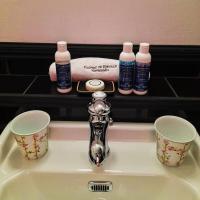 a bathroom sink with two cups and a faucet at Chateau de Hiéville in Hiéville