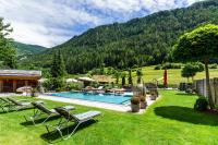 a backyard with a swimming pool in the grass at Hundehotel Riederhof in Ried im Oberinntal