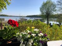 a garden of flowers with a view of the water at Gast-&amp; Logierhaus Am Rheinsberger See in Rheinsberg