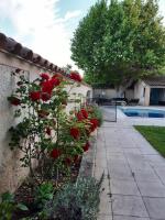 a row of red roses on a wall next to a swimming pool at LE MAS DES FLANERAIES in Althen-des-Paluds