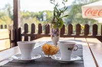 dos tazas de café y un jarrón sobre una mesa en Мотел "Релакс" Motel "Relax", Балчик,, en Balchik