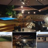 a collage of photos with a pool and a table with an umbrella at Villa T4 avec piscine in Lucciana