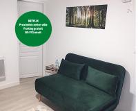 un sofá verde en una sala de estar con una foto en la pared en Le petit viry, en Viry-Châtillon