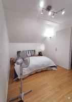 a white bedroom with a bed and a fan at &quot;le Loft B BG &quot; appartement avec terrasse G Friendly in Strasbourg
