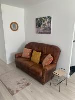 a brown leather couch with pillows in a living room at Villa Tenjin chambre 16 in Bondy