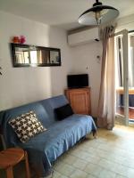Televízia a/alebo spoločenská miestnosť v ubytovaní Studio cabine climatisé rez de jardin plage 150m Boucanet