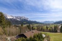a house in a field with mountains in the background at Appartement Waldmoos in Ellmau