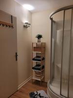 a bathroom with a shower and a shelf with towels at Studio récent résidence Charles Quint in Gray