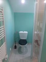 a bathroom with a toilet with a blue wall at Le Rêve de Marcel in Le Molay-Littry