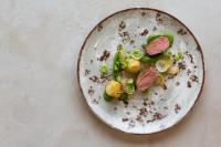 ein Teller mit Essen mit Fleisch und Gemüse darauf in der Unterkunft The Mole Resort - Hotel rooms in Umberleigh Bridge