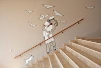 a mural of a woman walking up the stairs at AMERON Hamburg Hotel Speicherstadt in Hamburg
