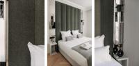 two pictures of a bedroom with a bed and a mirror at HIGHSTAY - Luxury Serviced Apartments - Le Marais in Paris