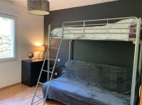 a bedroom with a bunk bed with a ladder at Océan à 10 mn, maison avec piscine, bar et babyfoot in Saint-Paul-en-Born