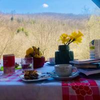 a table with a plate of food and a cup of coffee at Svjetlost in Jahorina