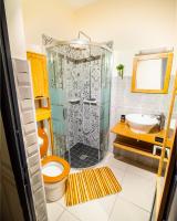 a bathroom with a shower and a toilet and a sink at T2 jacuzzis et piscine au centre ville de Port-Louis in Port-Louis