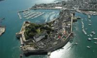 an aerial view of a harbor with boats in the water at Studio Cosy in Concarneau