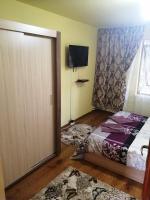 a bedroom with a bed and a sliding door at Căsuța din pădure de la Câmpu lui Neag in Cîmpu lui Neag