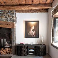 a room with a fireplace with a picture of a woman on the wall at MAISON de la Bonne Vie in Thérondels