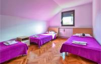 a room with three beds with purple sheets at Gorgeous Home In Slunj With Kitchen in Slunj