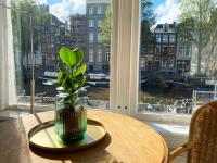 einem Tisch mit einer Pflanze in einer Vase auf einem Fenster in der Unterkunft Canal Hideaway in Amsterdam