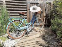 ein blaues Fahrrad mit einem Hut auf einem Holzweg in der Unterkunft Délicieux moment de détente au coeur de Saint Martin de Ré in Saint-Martin-de-Ré