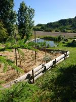 a garden with a wooden fence and a pond at Comfortable Quiet House in the countryside Porte-du-Quercy for 8 people in Sérignac