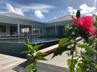 a house with a swimming pool and a red flower at Hôtel La Christophine in Saint-François