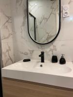 a bathroom with a sink and a mirror at Appartement Rouen Le Voltaire Home in Rouen